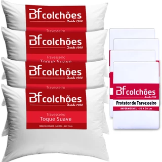 Kit 4 Travesseiros Fibra Siliconada Lavável Antialérgico 50x70cm + 4 Capas Impermeável BF Colchões