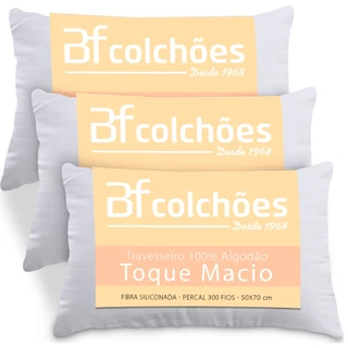 Kit 3 Travesseiros 100 Algodão Antialérgico Percal 300 Fios Extramacio 50x70cm - BF Colchões