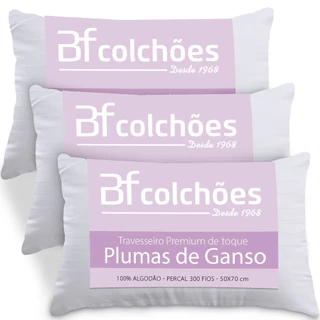Kit 3 Travesseiros Fibras Pluma de Ganso 100 Algodão Percal 300 Fios Premium 50x70cm - BF Colchões