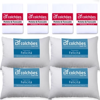 Kit 4 Travesseiros Fibra Siliconada Antialérgico 45x65cm + 4 Capas Impermeável BF Colchões