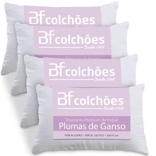 Kit 4 Travesseiros Fibras Pluma de Ganso 100 Algodão Percal 300 Fios Premium 50x70cm - BF Colchões