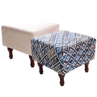 Kit com 2 Puff Banqueta Quadrado Pés Madeira 40x40cm BF Colchões Estampa Losango Com Bege