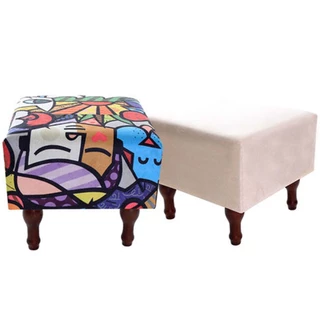 Kit com 2 Puff Banqueta 40x40cm Quadrado Decorativo Pés Madeira BF Colchões Estampa Pop Com Bege