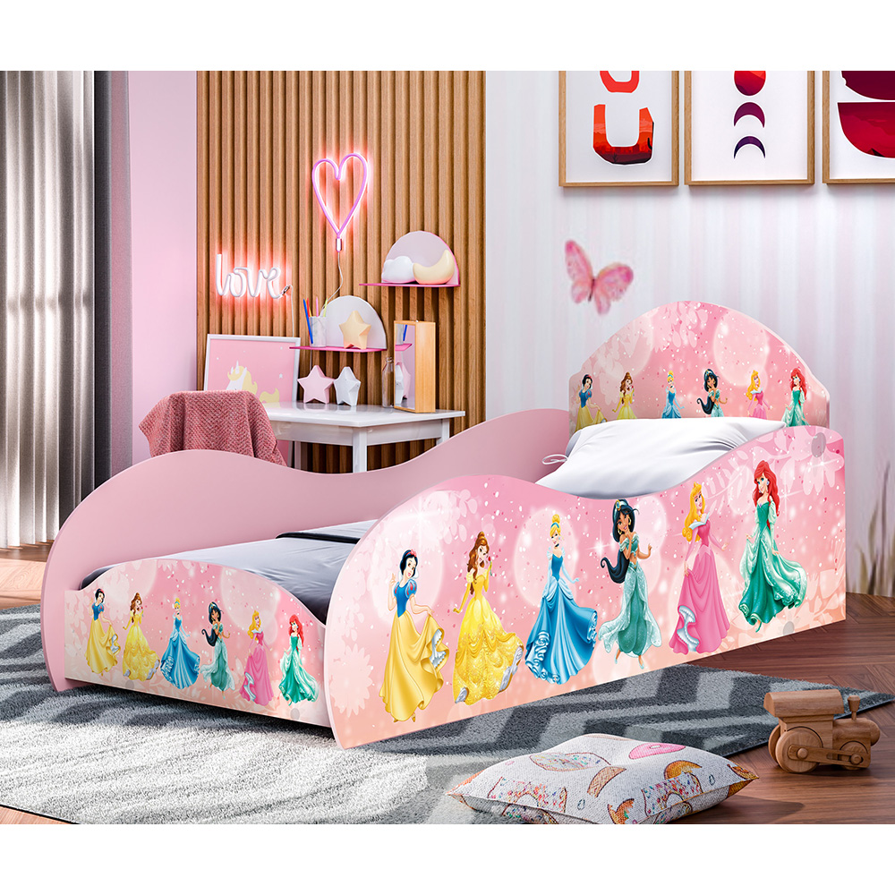 Conjunto Cama Solteiro Princesas Com Proteção Lateral Com Colchão Mdf ...