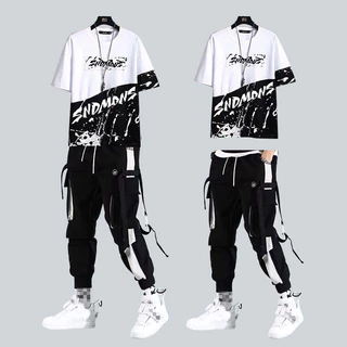 Conjunto Masculino Com Camiseta De Manga Curta E Calça De Carga Estilo Hip Hop Jogger + kit De Camisa Masculina