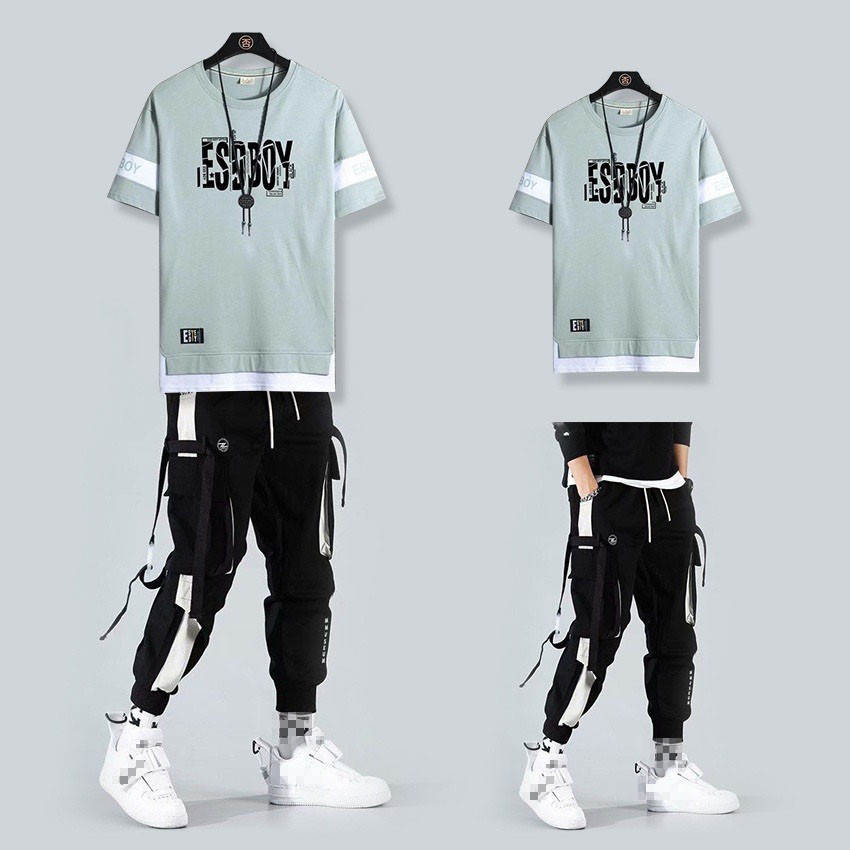 Conjunto Masculino Camiseta Cargo/Hip Hop Folgada Casual Com