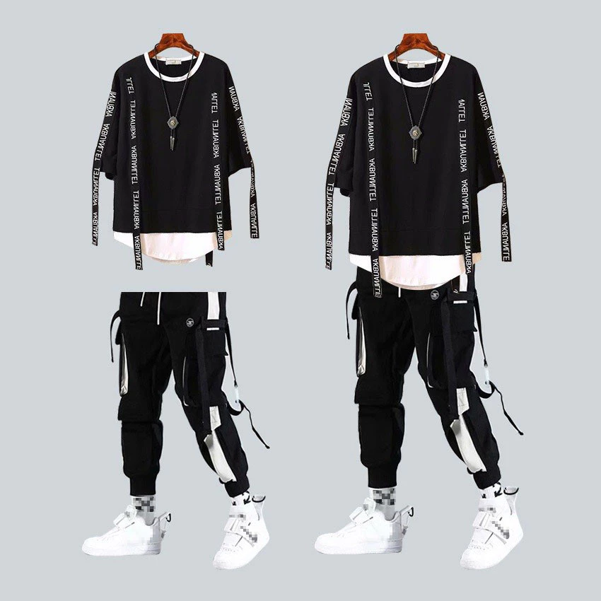 Conjunto Masculino Com ​ Camiseta Manga Curta De Rua + Calça Cargo Estilo Hip Hop