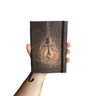 Sketchbook Caderno Lâmpada Preto e Branco Estilo Xilografia com Elástico e Marca Página Aquarela