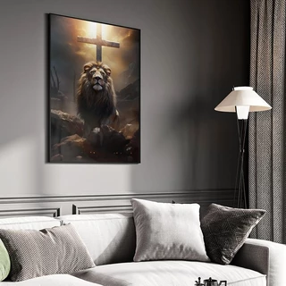 Quadro Decorativo 115x80cm Cruz e o Leão Hall da Luxo Sala Quarto Casa Decoração 