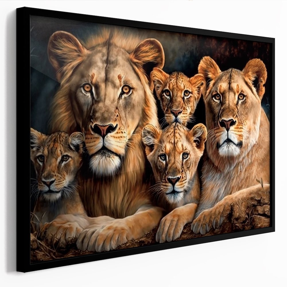 Quadro Decorativo 115x80cm Grande Luxo Leão e Leoa 3 Filhotes Família ...