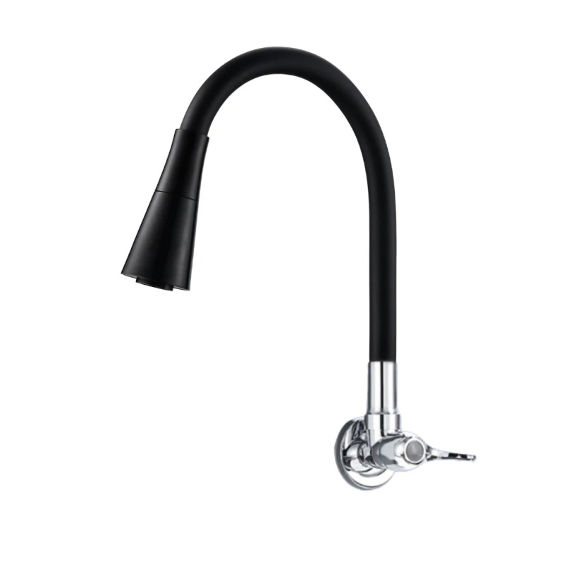 Torneira Semi Curvada FlexíVel Da Cozinha, Pia De Parede Preta, Cone Duplo Do Bocal