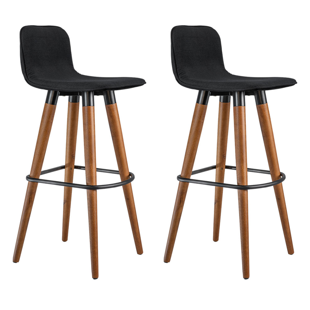 Kit 2 Banquetas Altas Luxo Linea Aço Preto Linho Preto Base Carvalho