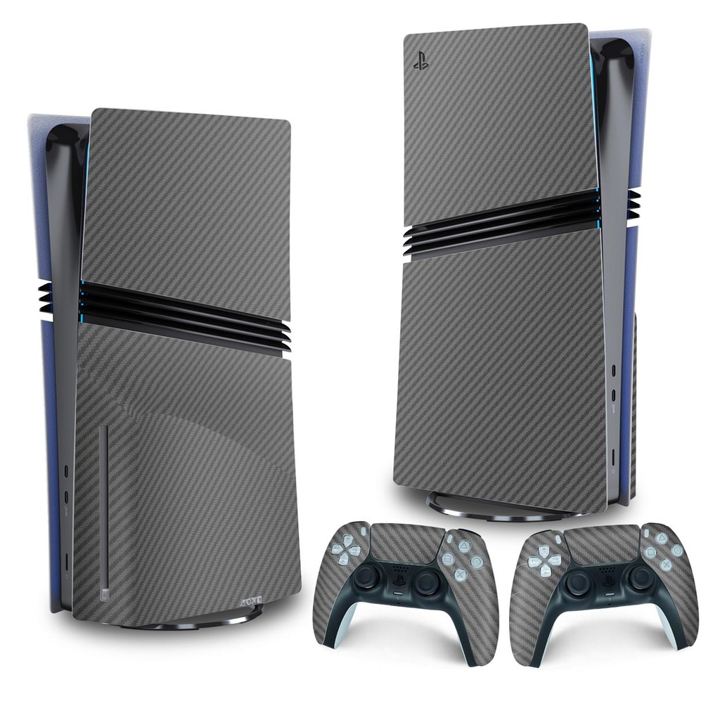 Skin PS5 Pro Adesivo Vertical Fibra de Carbono Cinza Grafite