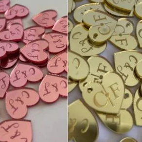 KIT 100/50/150/200 Kit tags aplique coração PERSONALIZADO acrilico dourado para casamento lembrancinha