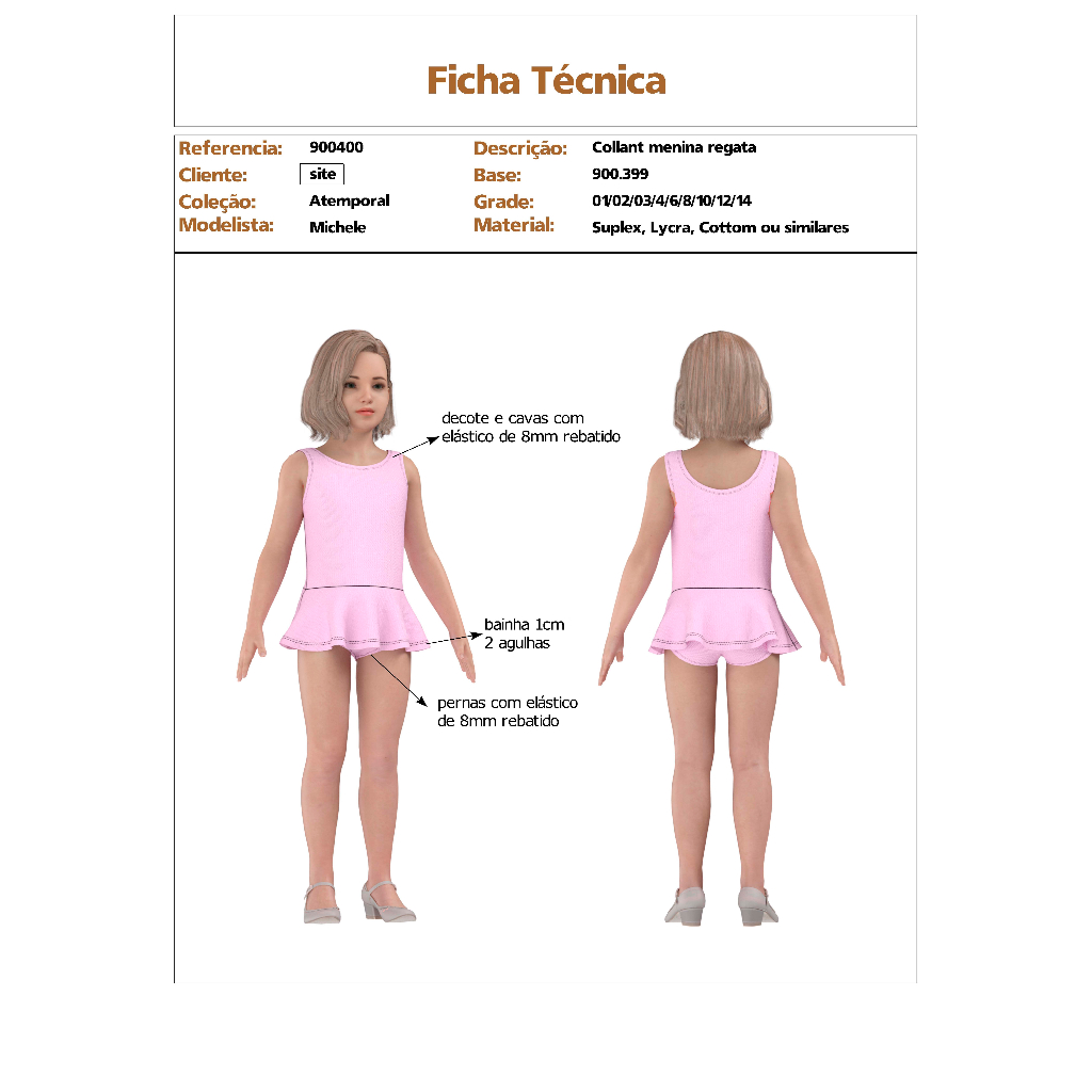 Molde Modelagem de Collant ballet body Infantil IMPRESSO
