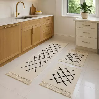 Kit tapete cozinha 100% algodão com passadeira geometric 3pç
