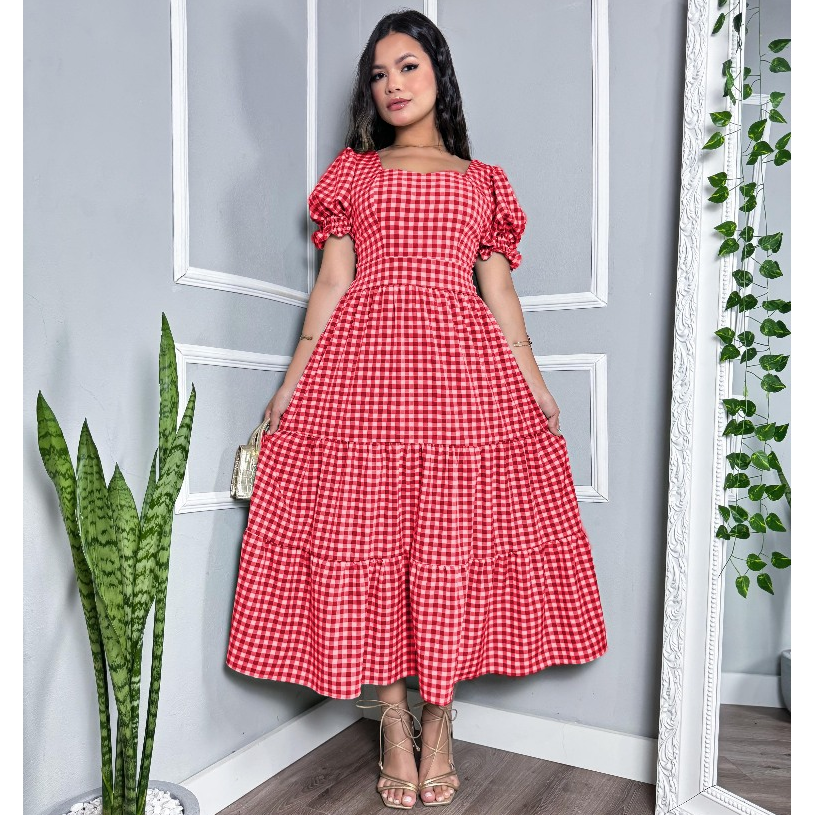 VESTIDO MIDI MANGA BUFANTE XADREZ FRENTE QUADRADA CREPINHO FORRADO