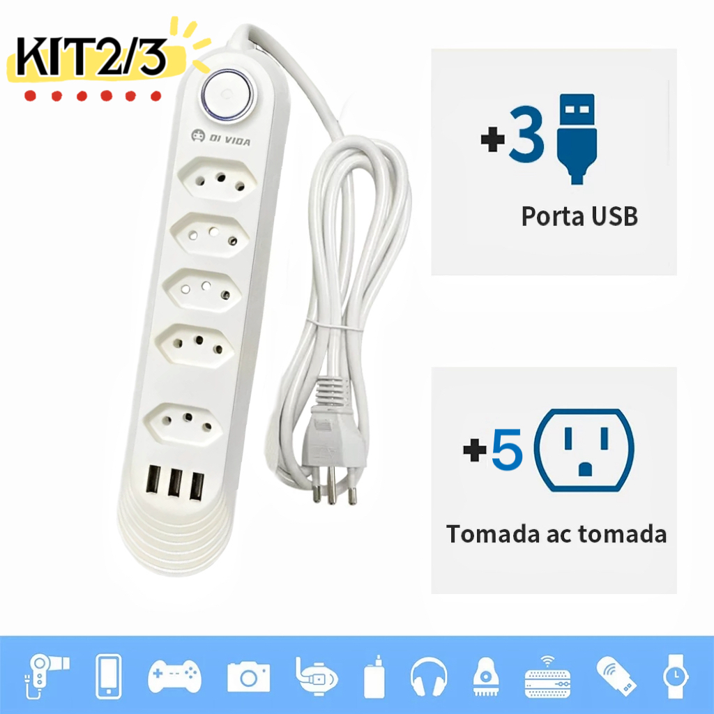 KIT Régua Filtro de Linha com 5 Tomadas Extensão Elétrica 3 Universal 3USB Type c 10A 110V/220V 2500W