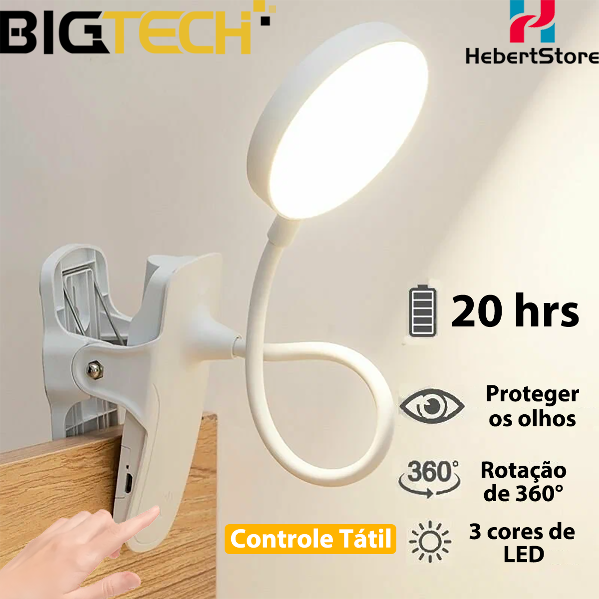 Luminária de Mesa Touch C/S Garra 20h 360° Ajustável 3 Cores de Luz Recarregável para Leitura TD129 | Shopee Brasil