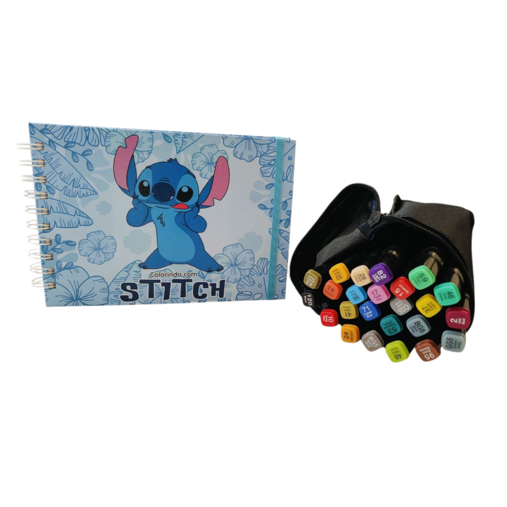 Caderno de Colorir Stitch + Caneta Touch Livro Canetinha 24 cores ...