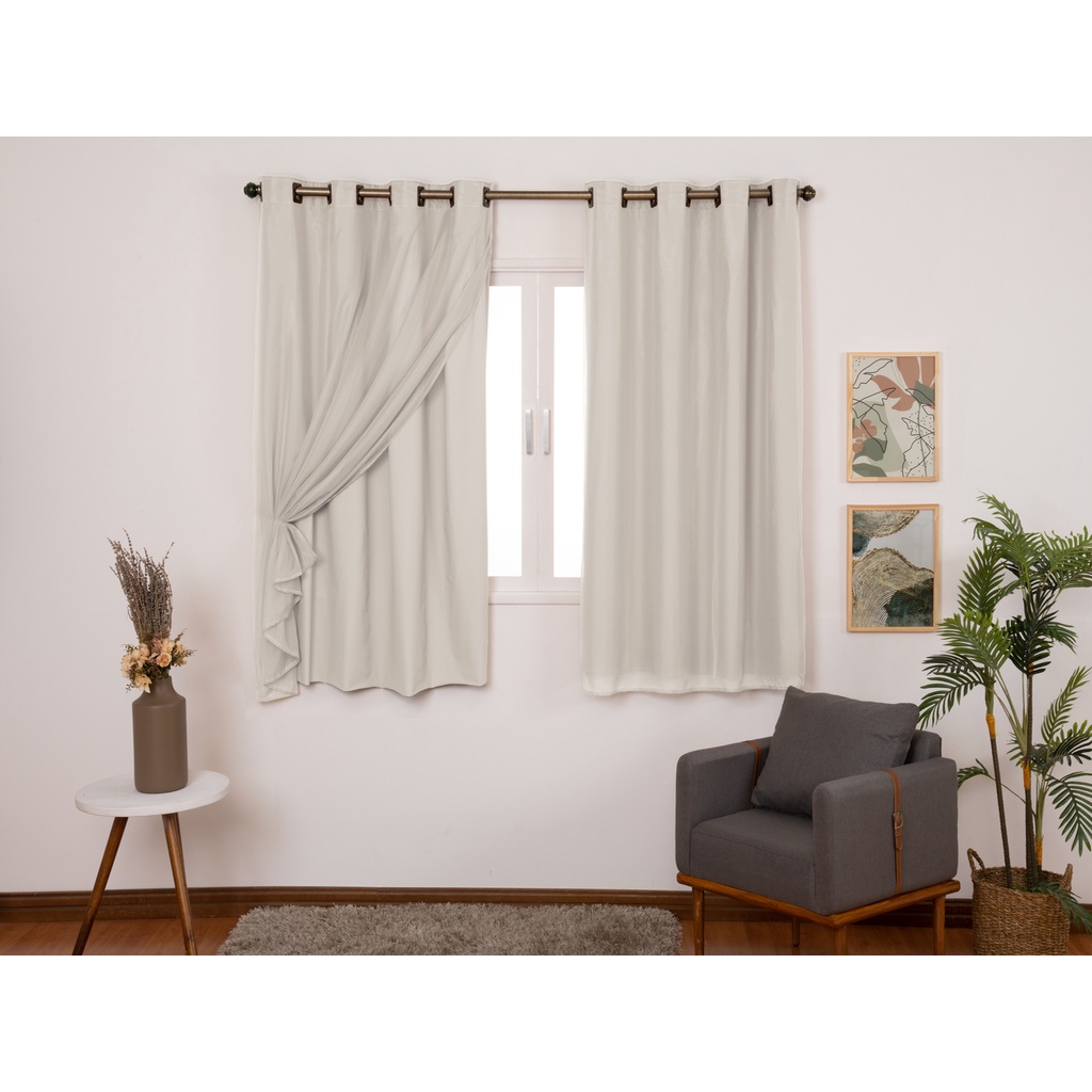 Cortina Blackout Cinza com Voil Xadrez Corta Luz 100% 2,80m x 1