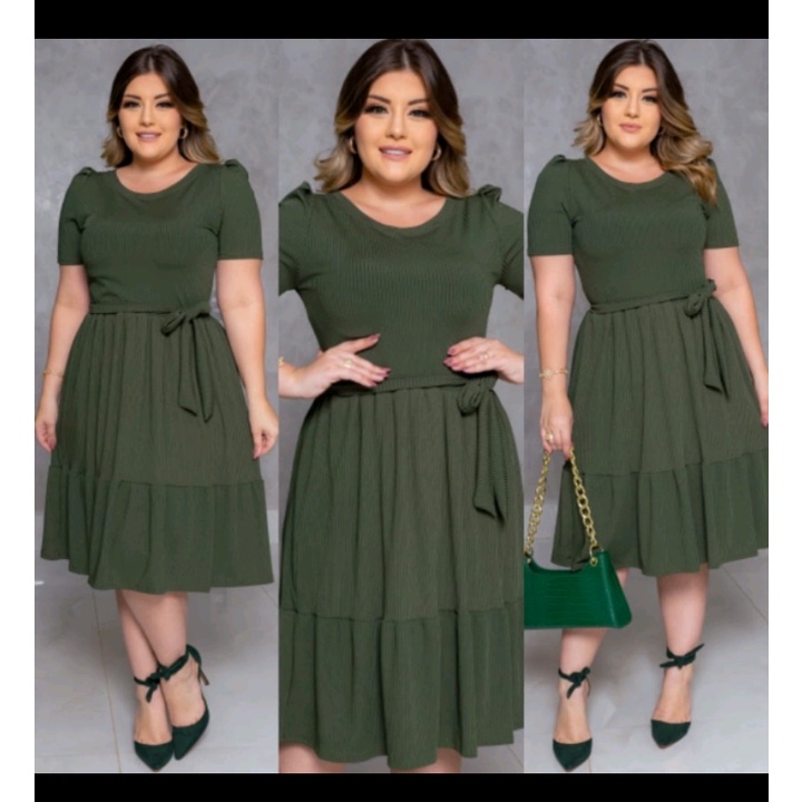 Vestido Social Moda Evangélica Plus Size rodado Evasê verde e azul até 52