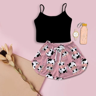 Kit Pijama Feminino Cropped Preto Estampa Vaquinha Rosa
