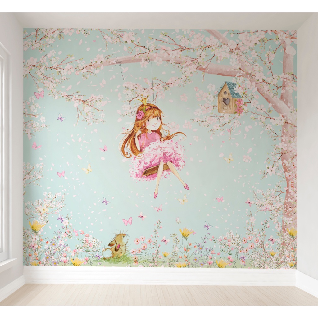 Papel de parede menina no balanço infantil feminino M² VR549- LEIA A ...