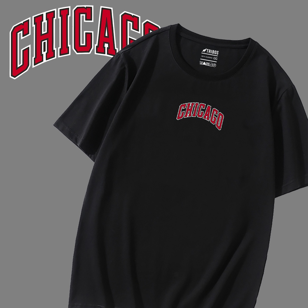 Camiseta Masculina preta de algodão Chicago Cidade Eua