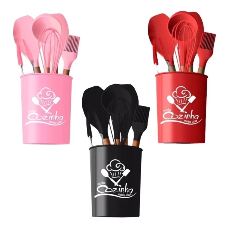 Kit Cozinha Utensílios Talheres De Silicone Com Cabo Madeira 7 Peças Cozinha Multiuso Organizador Mantimentos Doméstico Casa Preto Vermelho