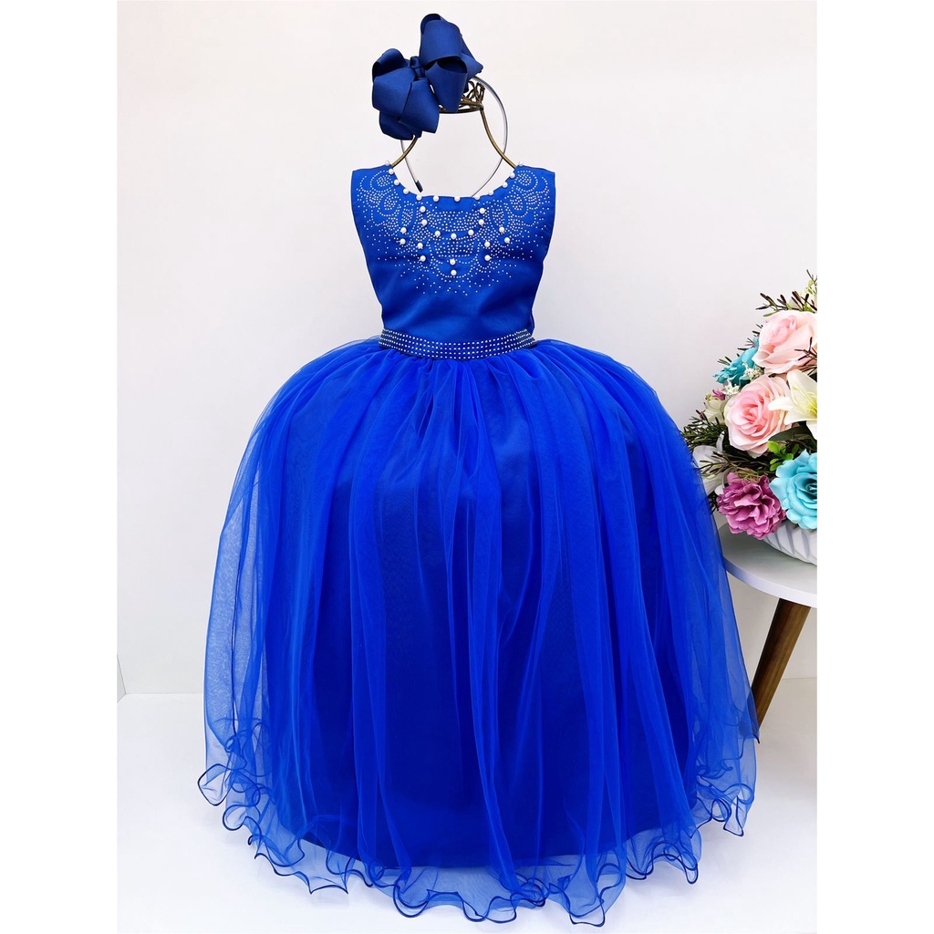 Vestido Infantil Dama Honra Azul Royal Casamento Renda - Rosa