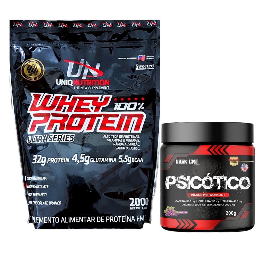 Kit Whey Protein 100% Concentrado 2kgs Uniq + Pré Treino Psicótico 250g