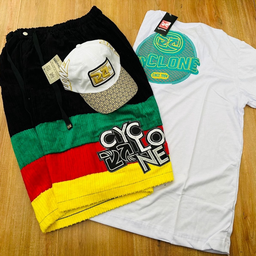 Kit bermuda reggae de veludo + camiseta + boné Cyclone | Shopee Brasil