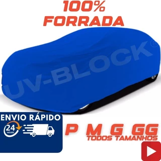 Capa Cobrir Carro Couro Forro Total 100% Impermeável UV-Block Protege Sol Chuva Poeira PMG e GG Hatch Sedan SUV e Caminhonete Proteção Automotiva Anti-UV Lona de Carro, Capa Cor Azul