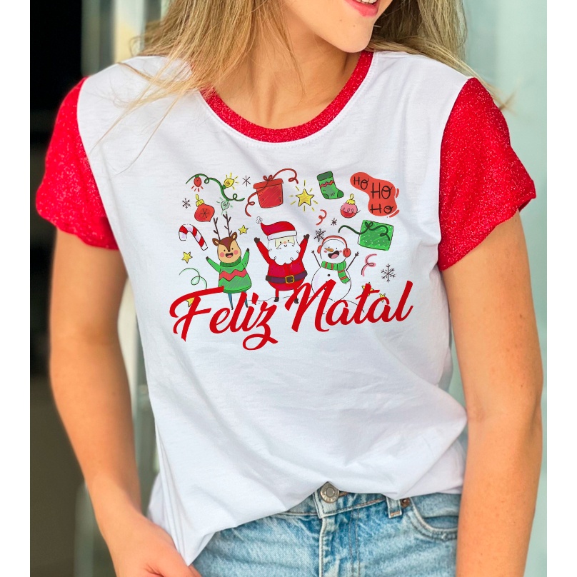 Blusa Feminina Feliz Natal Papai Noel Gola e Mangas Vermelhas Com ...