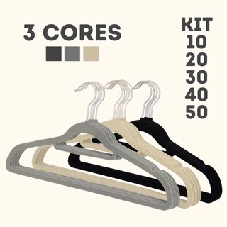 Kit 50 Cabides de Veludo Antideslizante Ultra Fino Slim para Roupas Cinza Bege Preto