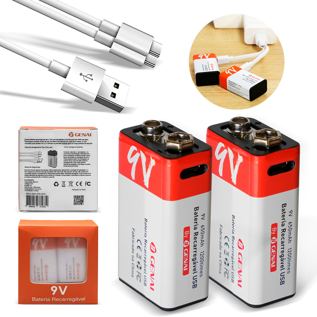 Kit 1/Kit 2/Kit 4 Baterias 9V/1.5V Recarregáveis 650mAh + Carregador IIgenai - 1200 Ciclos, Carga Rápida 2h