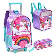 kit Mochila infantil Rodinha escolar mochila com lancheira Térmica e estojo na promoção Unicórnio, Original Clio