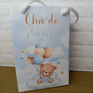 Sacolinha Personalizada Chá de Bebê Ursinho Azul Aquarela – Lembrancinha Chá de Bebê Menino - Sacolinha (P)