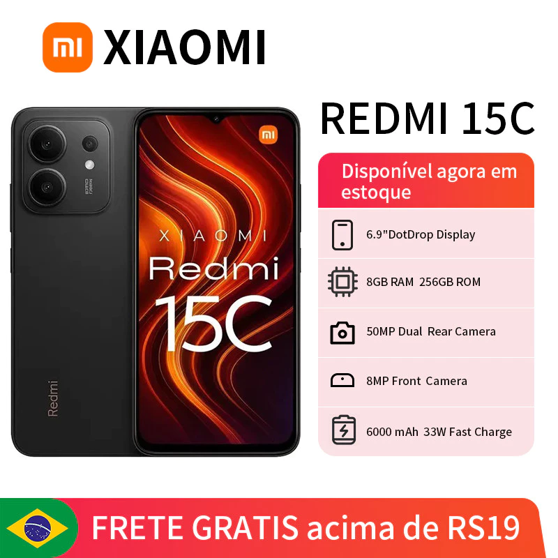 Celular Xiaomi Redmi 15C Dual SIM de 256GB 8GB RAM de 6.9 50MP 8MP Bateria 6000mAh Proteção IP64 Lançamento 2025