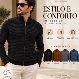 Casaco Masculino de Tricô com Zíper Manga Longa Premium Casual