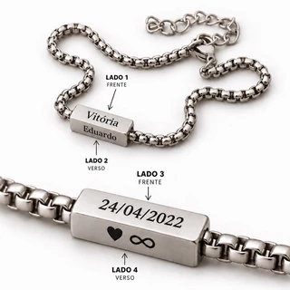 Pulseira Masculina Feminina com Nomes Datas 4 Lados Casal Presente Aço Inoxidável