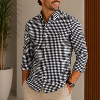 Camisa Masculina Custom Fit Manga Longa Xadrez Casual Elegante