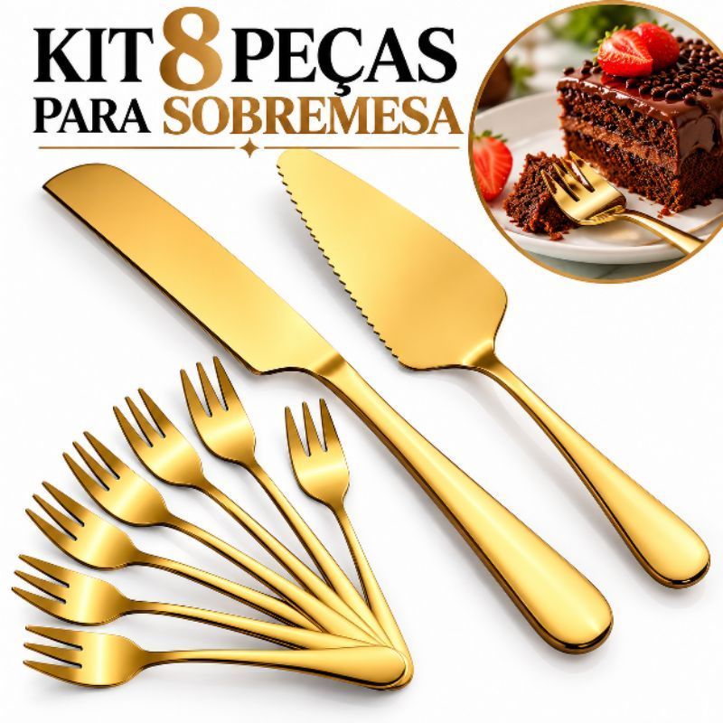 Kit 8 Talheres Dourados Aço Inox Sobremesa 6 Garfinhos Faca Espátula ...