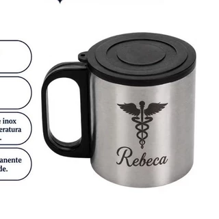Caneca Inox 180 ml com Tampa Personalizada a Laser Logo Time Nome Empresa Profissão Café