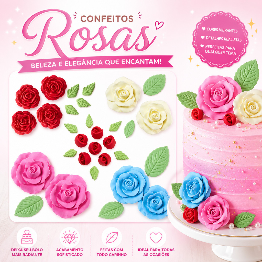 Confeitos de Açúcar Sprinkles Rosas Artesanais 100% Comestív