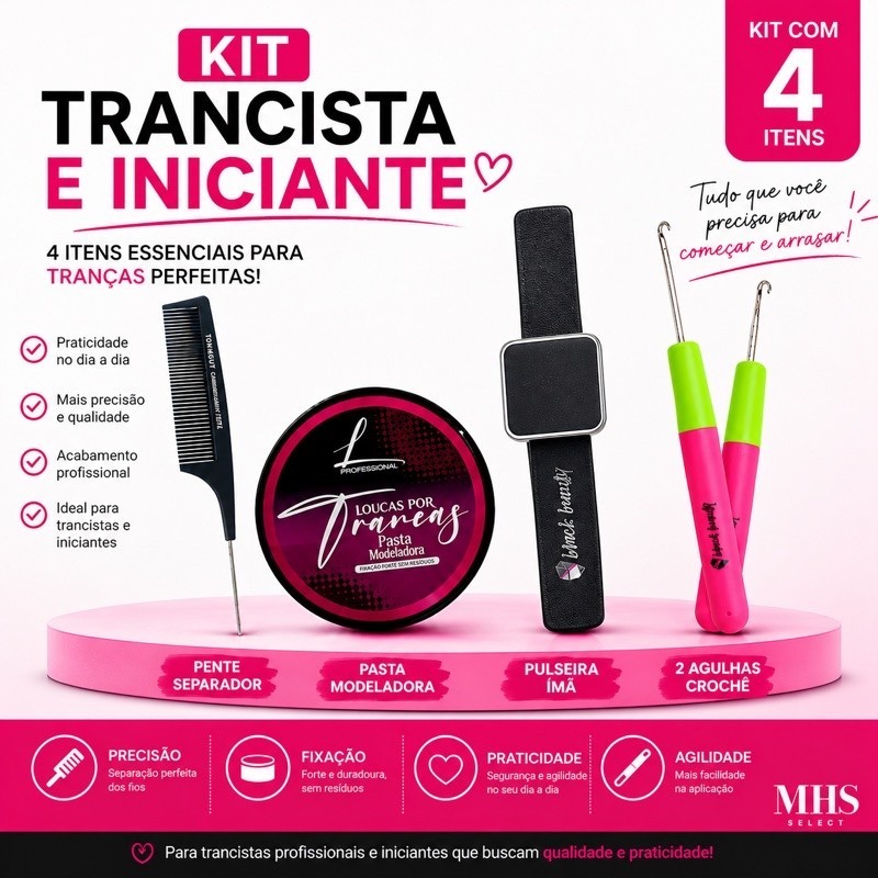 Kit Trancista 4 Itens Pente Separador T&G Pasta Modeladora 80gr Pulseira p Pomada Agulha Crochê