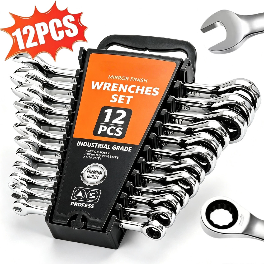 Kit 12 Chaves Combinadas com Catraca Aço Cromo Vanádio Placado Espelho Resistente 6mm a 19mm para Oficina Mecânica