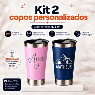 Kit 2 Copos Térmicos PERSONALIZADOS Premium 473ml - Brindes Corporativos/Eventos Laser Exclusivos