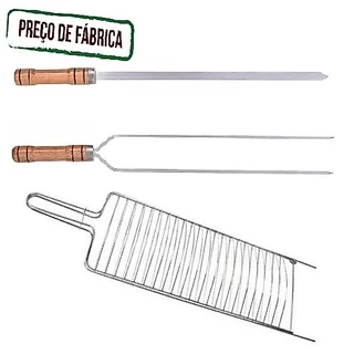 Kit Churrasco Grelha Dupla + 2 Espetos Aluminio Com Cabo Madeira Nobre de 67 cm Para Peixes Carnes Frangos Linguiça